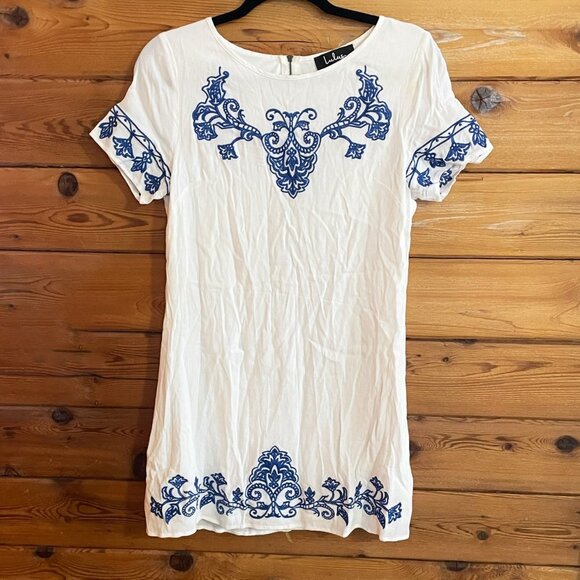 Lulus Tale to tell blue & ivory embroidered dress Medium - Picture 2 of 9